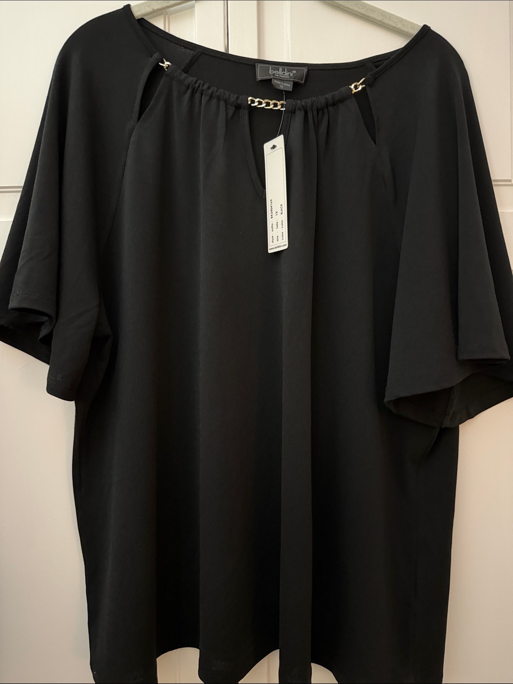 Belldini 1X Black Chain Neck Keyhole 3/4 Sleeve Blouse NWT Plus